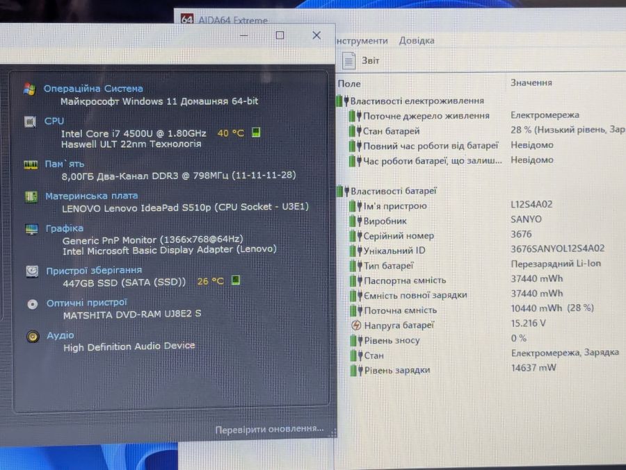 Уцінка! Ноутбук Б/В Lenovo IdeaPad S510P, Intel Core i7-4500U, DDR3 8 GB, SSD 512GB, Intel Microsoft Basic Display Adapter, 15.6"