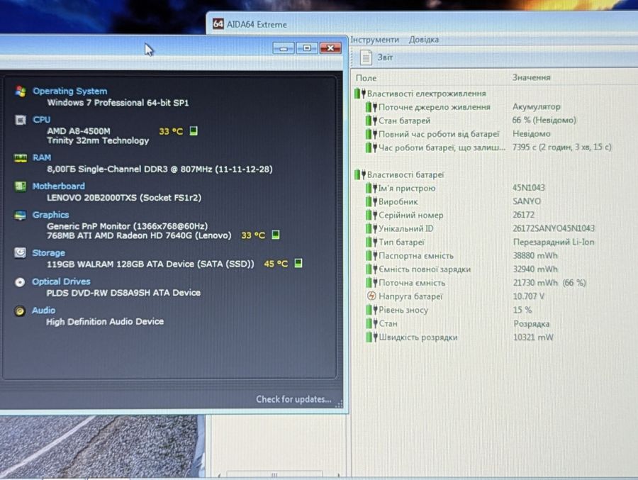 Ноутбук Б/В Lenovo ThinkPad Edge E545, AMD A8-4500M, DDR3 8 GB, SSD 128GB, AMD Radeon HD 7640G, 15.6" HD