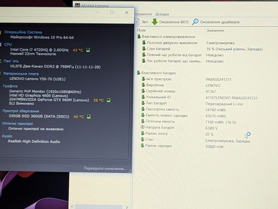 Ноутбук Б/В Lenovo IdeaPad Y50-70, Intel Core i7-4720HQ, DDR3 16 GB, SSD 360GB, NVIDIA GeForce GTX 960M 2Gb, 15.6" Full HD