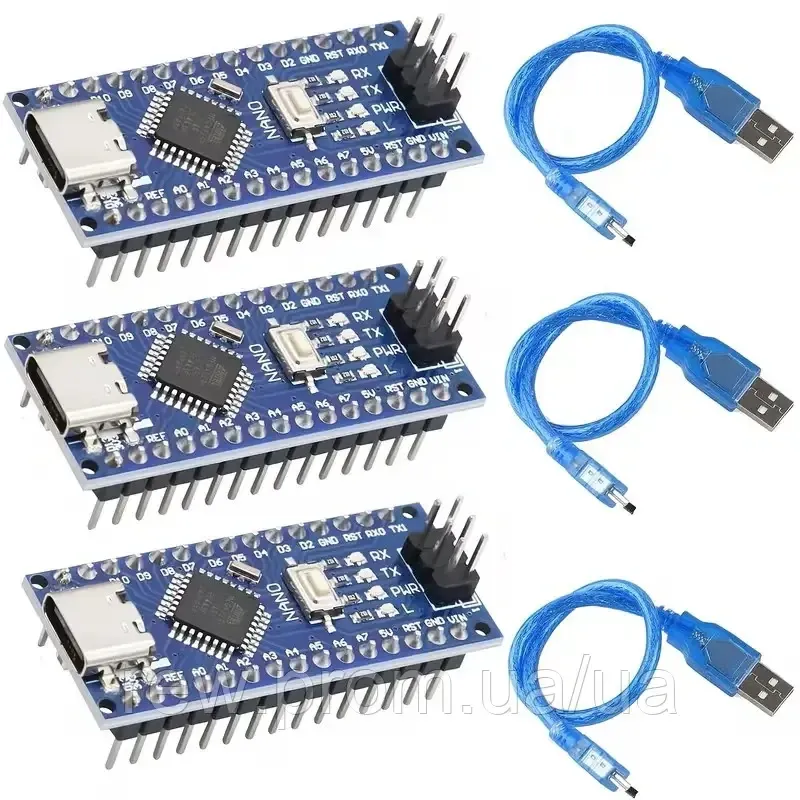 Новий Комплект мікроконтролерів Arduino Nano,ATmega328P з кабелями USB Type-С